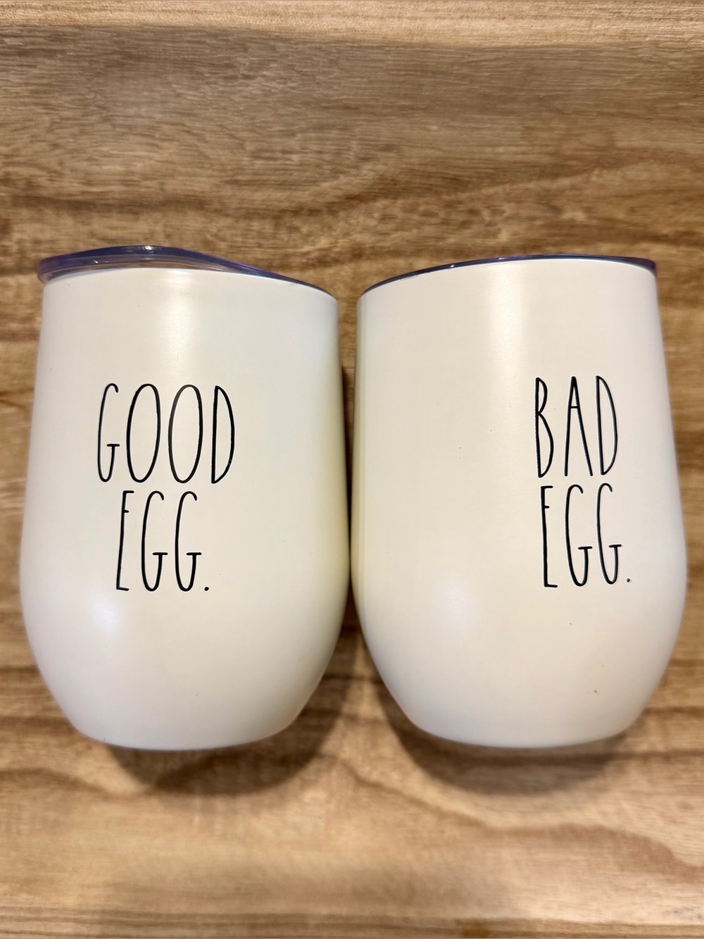 Rae Dunn “Good Egg / Bad Egg” Pearl 12oz Stemless Wine Tumbler Set Pair